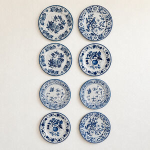 Set of 8 Vintage Restoration Hardware Blue & White Flo Tin Plates 10" Wall Decor